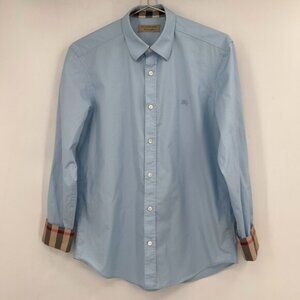 Burberry Men’s Luxury Light Blue Button-Up Shirt with Check Cuffs Size M